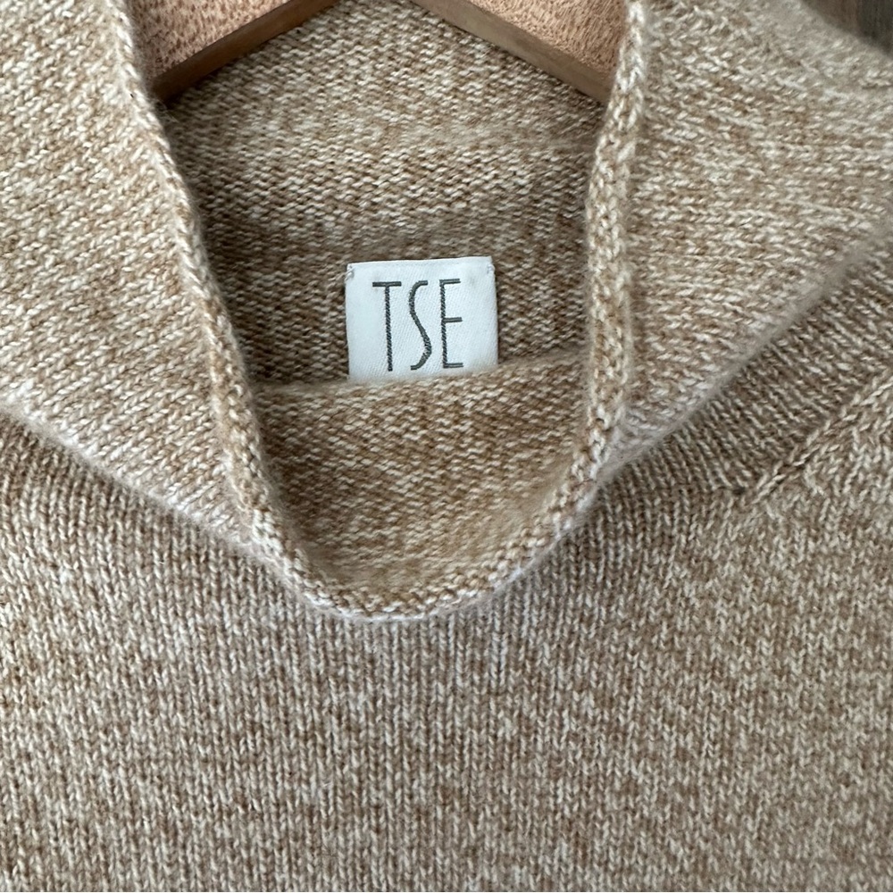 TSE 100% Cashmere Classic Knit Funnel Neck Sweater Tan and White Melange Small - Picture 5 of 8
